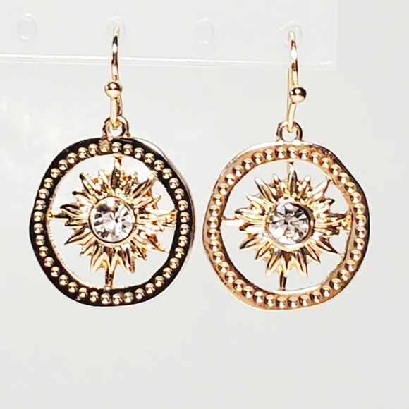 Jewelry - Crystal Starburst Disk Drop Earrings Gold Tone Fish Hook NWT